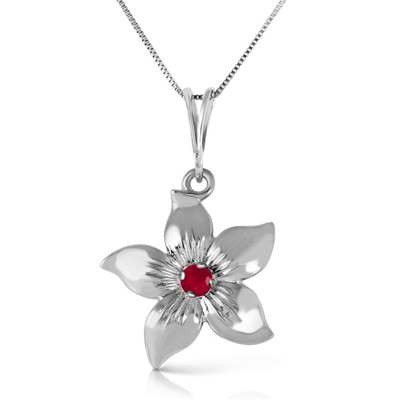 14K. SOLID GOLD FLOWER NECKLACE WITH NATURAL RUBY